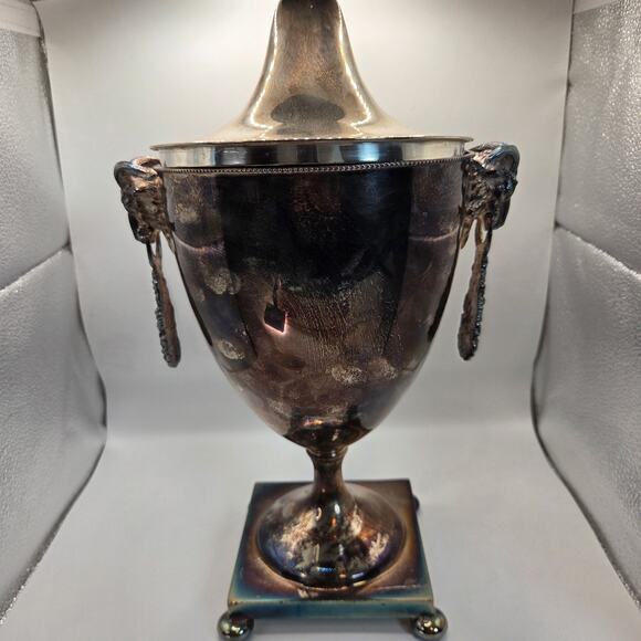 Early 20thC Silverplate Ram Head Beverage Urn Samovar w Lid & Working Spigot - Picture 7 of 16